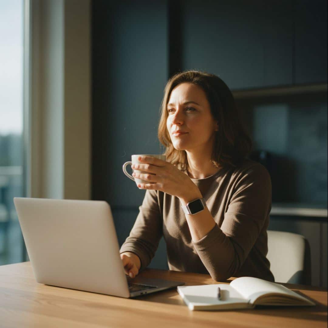 Introvertierte Frau schreibt authentische Bewerbung mit KI am Laptop zu Hause und reflektiert dabei ihren Jobwechsel