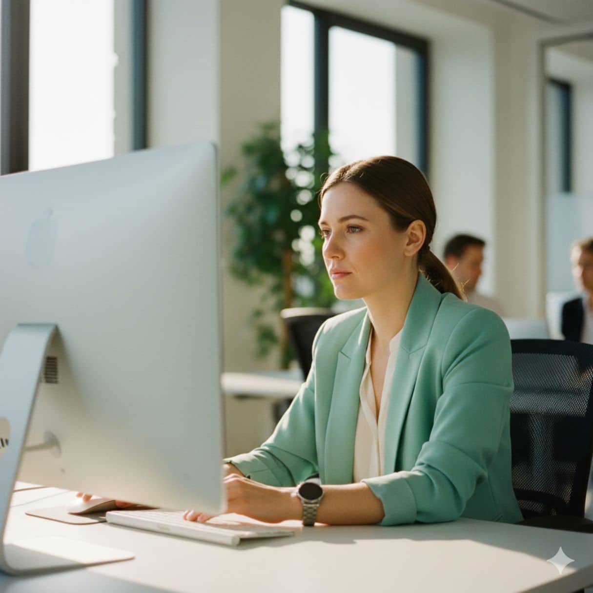 Frau im Büro in unserer Arbeitswelt 2027 mit Blick auf KI Veränderungen