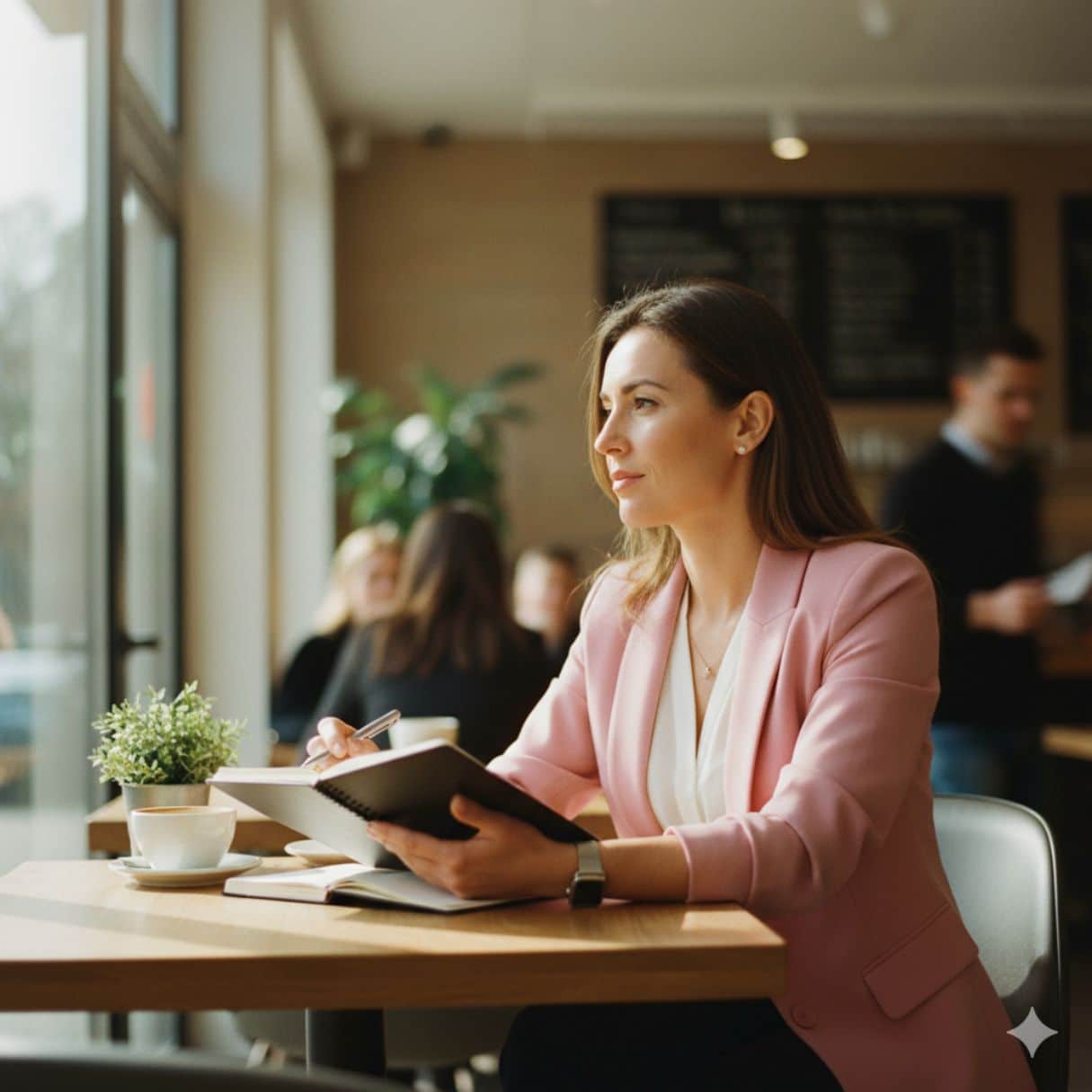 Frau plant berufliche Neuorientierung nach strategischer Kündigung in der Arbeitswelt 2027