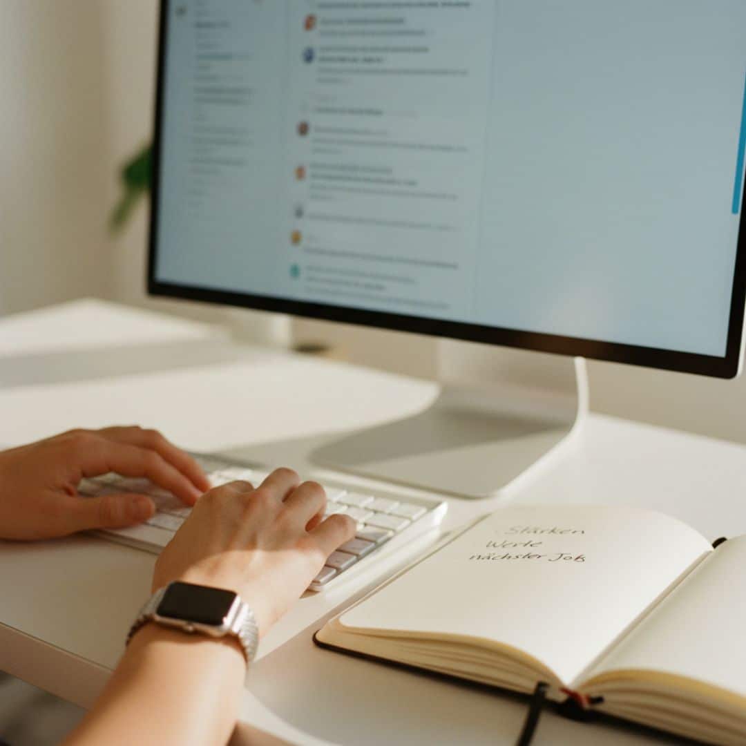 Frau entwickelt mit ChatGPT eine authentische Bewerbung, sortiert ihre Stärken und Werte für den nächsten Jobwechsel